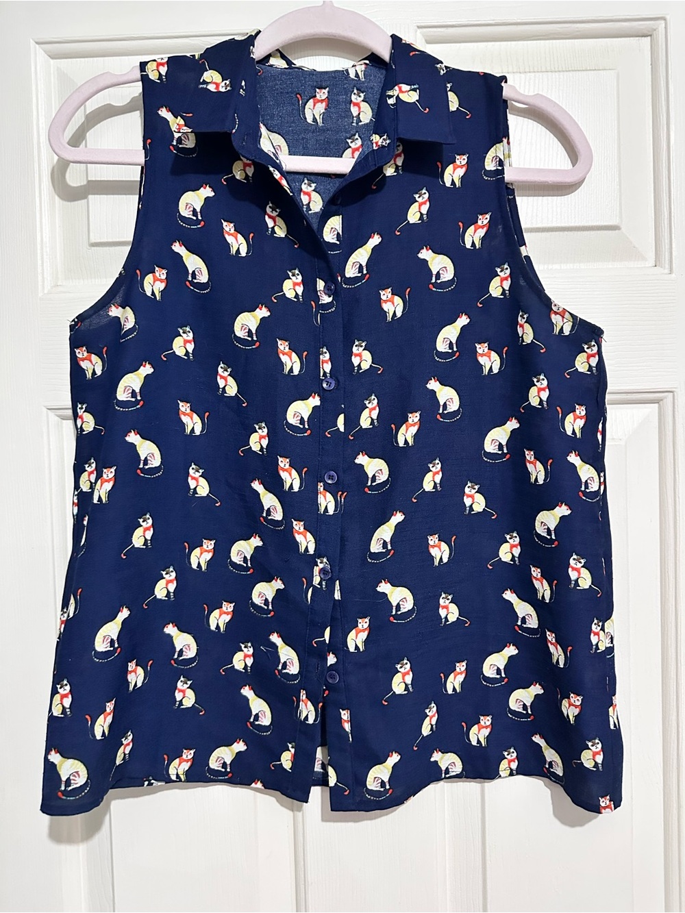 Navy Sleeveless Button-Front Top with Cat Print